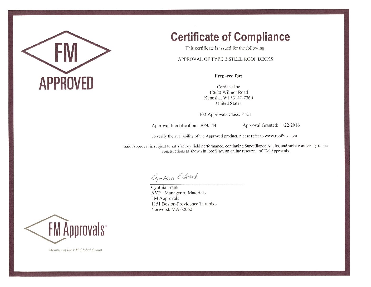 Cordeck's FM Certificate Of Compliance