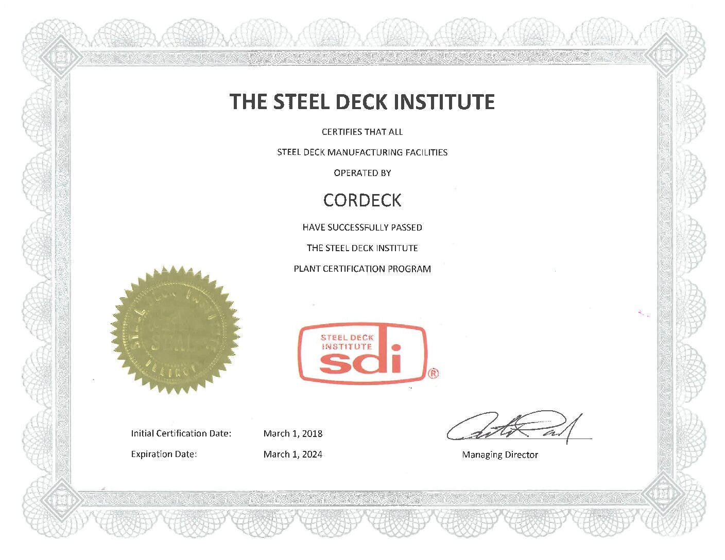 Cordecks SDI Certificate Exp 2024