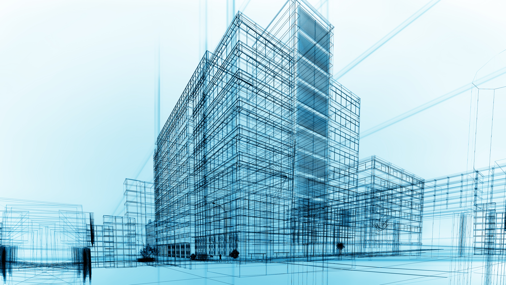 Wireframe rendering of modern office building architecture.