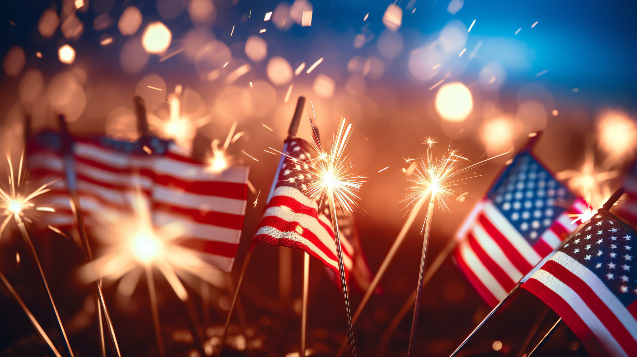 Bright Burning Sparklers Against American Flag, Closeup