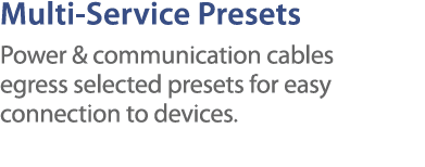 Multi-Service Presets Power & communication cables egress selected presets for easy connection to devices 