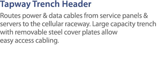 Tapway Trench Header Routes power & data cables from service panels & servers to the cellular raceway  Large capacity   